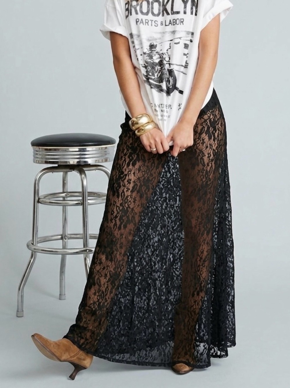 NEW Y2K Black Floral Lace Maxi Skirt Sz M Sheer Gothic Fairy Grunge Whimsigoth